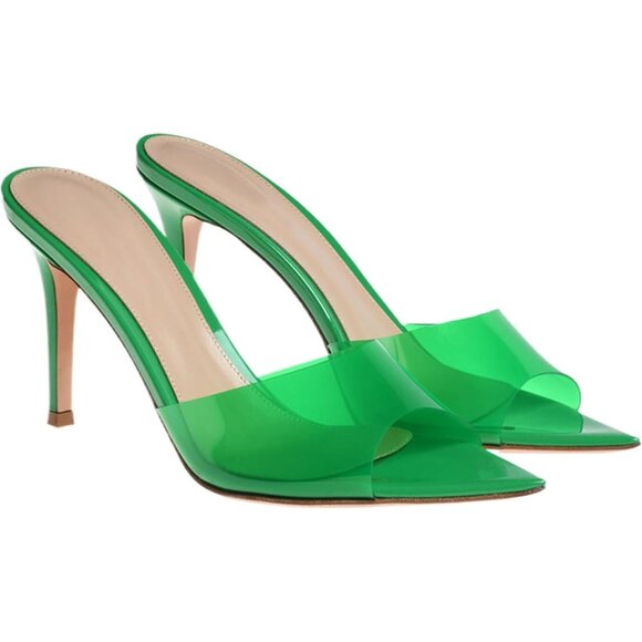Shoes - Women's Green Clear Slingback Stiletto Heels Sexy Dress Sandals Shoes Party